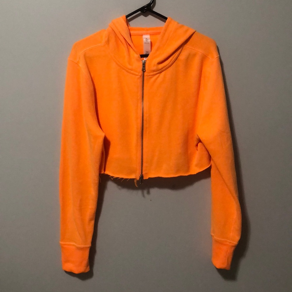 Neon Orange Cropped Double Zip Hoodie